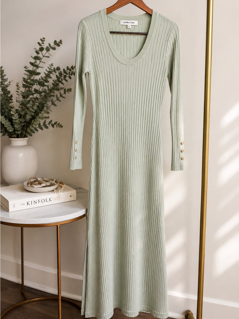 Endless Rose Light Sage Ribbed Long Sleeve Maxi Dress, size Large